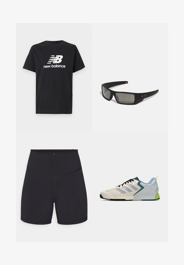 Schwarzes Baumwoll-T-Shirt mit einem weißen New Balance-Logo und Grafikdesign auf der Vorderseite. Kurze Ärmel und Rundhalsausschnitt.; Schwarze Sportshorts aus dehnbarem Material. Besitzen einen hohen Bund und glatte Nähte. Geeignet für Freizeitkleidung und Sport.; Leichte Sportschuhe mit einem cremefarbenen Mesh-Obermaterial, grauen Streifen, einer grünen Akzentfarbe und einer strukturierten blauen Fersenkappe. Schwarze Schnürsenkel.; Schwarze Sonnenbrille mit matter Oberfläche, rechteckigen Gläsern, leichtem Bogen an den Schläfen, dezentem Logo-Detail und rauchgetönten Gläsern.