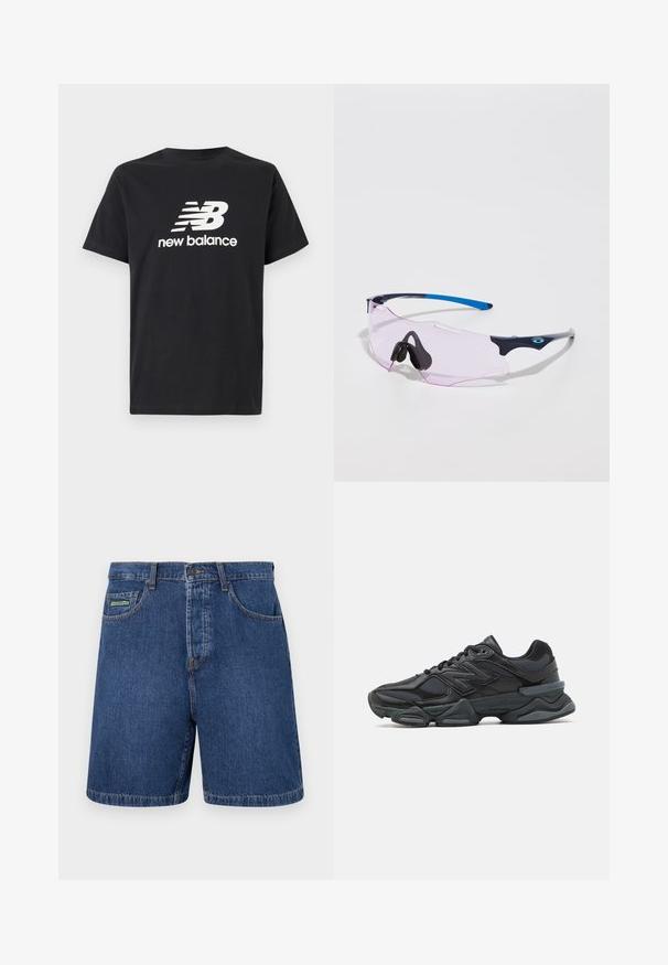Camiseta de algodón negra con un logo blanco de New Balance y un diseño gráfico en la parte frontal. Mangas cortas y cuello redondo.; Pantalones cortos de mezclilla en azul oscuro con un corte clásico, que cuentan con bolsillos frontales, pasadores para cinturón y una etiqueta de marca visible en el bolsillo izquierdo.; Zapatilla de running negra que presenta una combinación de malla y materiales sintéticos, suela gruesa, diseño curvado y una marca prominente en el costado.; Gafas de sol deportivas con lentes transparentes en color rosa. Cuentan con montura azul oscura y gris claro. Las almohadillas nasales ajustables mejoran la comodidad.