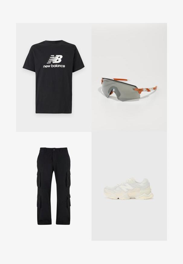 Fekete pamut póló, fehér New Balance logóval és grafikai dizájnnal az elején. Rövid ujjú és kerek nyakú.; Fekete vászon cargo nadrág, amely több oldalsó zsebbel rendelkezik, laza fazonú és egyenes szárú.; Könnyű sportcipő, amely hálós és velúr felsőrésszel rendelkezik, lágy krémszínű árnyalatokban, vastag talppal és háromdimenziós díszítésekkel.; Sport napszemüveg szürke lencsével, narancssárga részletekkel és mintázott fehér szárakkal. Teljesítményre tervezve, körbeölelő formával.