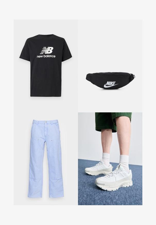 T-shirt de algodão preta com um logótipo branco da New Balance e design gráfico na frente. Mangas curtas e decote redondo.; Carhartt WIP DOUBLE KNEE PANT - Calças - icy water faded; Sapatos atléticos brancos com sobreposições texturizadas, sola espessa e detalhes em cinza. Usados com meias brancas até ao tornozelo e calções verdes sobre uma superfície azul.; Mochila de cintura preta em nylon com fecho com zíper, apresentando um grande logótipo branco da Nike. Textura suave e design ergonómico para um uso confortável.