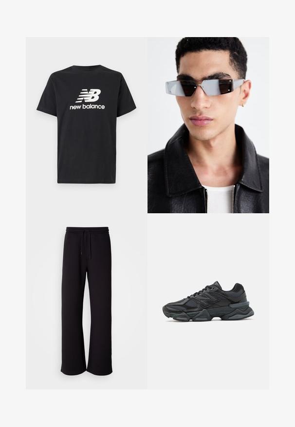 Musta puuvillainen T-paita, jossa on valkoinen New Balance -logo ja graafinen design edessä. Lyhyet hihat ja pyöreä kaula-aukko.; Mustat collegehousut pehmeästä materiaalista, jossa on nauhakuuluma, löysä istuvuus ja suorat lahkeet. Minimalistinen tyyli ilman kuvioita.; Musta juoksukenkä, jossa on yhdistelmä verkko- ja synteettisiä materiaaleja, paksu pohja, kaareva muotoilu ja näkyvä brändäys sivussa.; Kuluneet harmaan sävyiset aurinkolasit, joissa on hopeiset yksityiskohdat, vaaleaa taustaa vasten. Linssit ovat ainutlaatuisen geometrisen muotoiset.