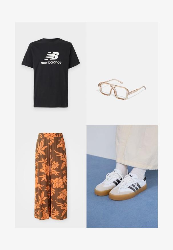 Black cotton T-shirt featuring a white New Balance logo and graphic design on the front. Short sleeves and a crew neck.; Brown wide-leg pants featuring an orange floral pattern. Smooth texture with a high waistband and side pockets. Casual and flowing design.; White sneakers with black stripes and beige suede accents. Feature a textured gum sole and flat white laces, worn with light-colored socks.; Transparent hexagonal eyeglasses with light brown tones; thick, clear frames and slender arms; no visible logos or patterns.