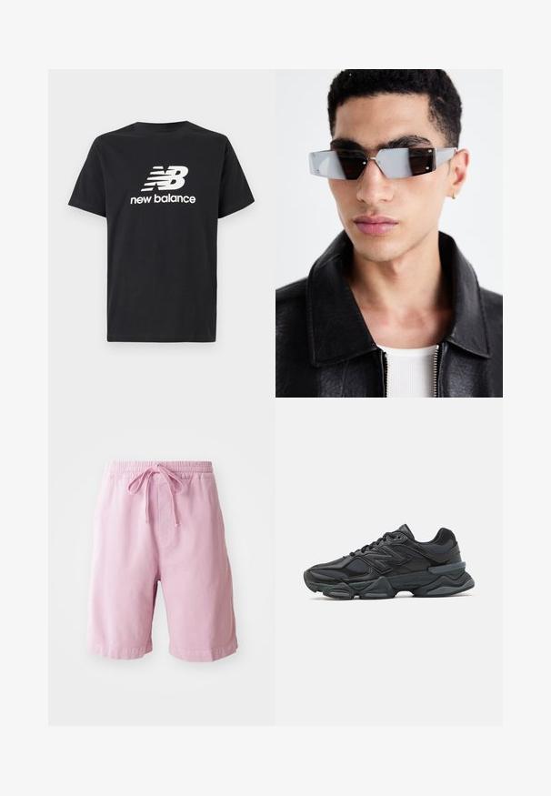 Black cotton T-shirt featuring a white New Balance logo and graphic design on the front. Short sleeves and a crew neck.; Light pink shorts made of cotton, featuring an elastic waistband with a drawstring, and straight cut legs with stitched hem details.; Black running shoe featuring a mix of mesh and synthetic materials, chunky sole, curved design, and prominent branding on the side.; Angular gray-tinted sunglasses with silver hardware, set against a light background. The lenses feature a unique geometric shape.
