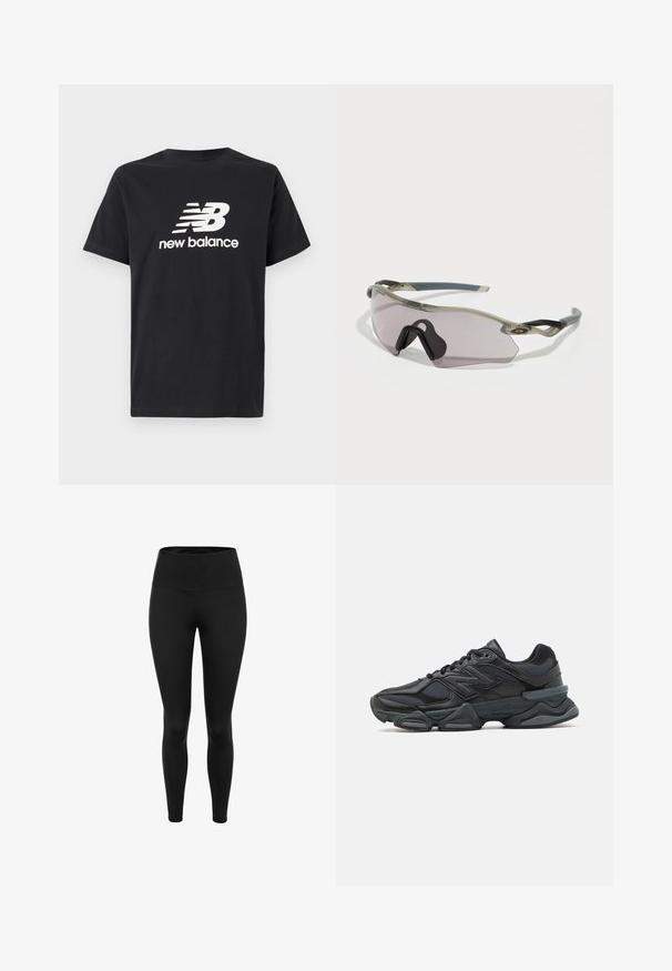 Crni pamučni T-shirt s bijelim New Balance logom i grafičkim dizajnom na prednjoj strani. Kratki rukavi i okrugli izrez.; Crne tajice izrađene od rastezljivog materijala. Visoki struk, uski kroj i glatka tekstura. Bez uzoraka ili vidljive metalne opreme.; Crne trkačke tenisice izrađene od kombinacije mrežastih i sintetičkih materijala, s debelim potplatom, zakrivljenim dizajnom i istaknutim brendom sa strane.; Naočale za sunce s prozirnim sivim okvirom, obojenim lećama i kutnim dizajnom. Imaju izraženu nosnicu i teksturirane tamnosive temple.