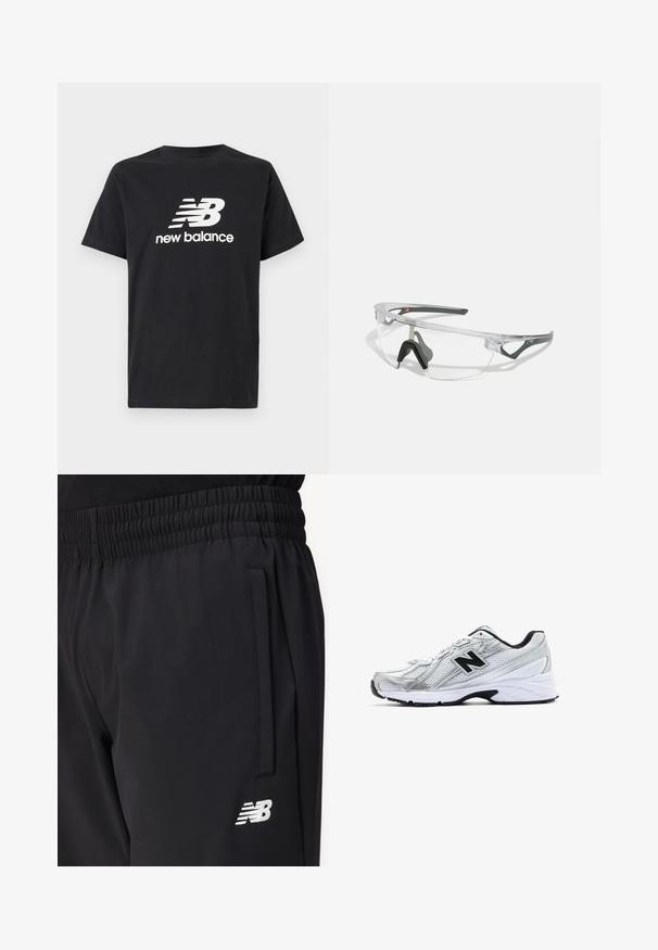 Juodas medvilnės marškinėliai su baltu New Balance logotipu ir grafiniu dizainu priekyje. Trumpi rankoviai ir apvalus kaklas.; Juodi sportiniai kelnės su elastinga juosmena, šonine kišene ir balta New Balance logotipu ant šlaunies.; Sidabrinis sportinis batelis su tinklinio medžiaga, juodais akcentais, perforuotu dizainu ir paminkštintu balto pado. Yra ryškus 'N' logotipas.; Skaidrūs saugos akiniai su lengvu, skaidriu rėmeliu ir pilkiais akcentais. Yra apvalinimo dizainas ir reguliuojama nosies atrama.