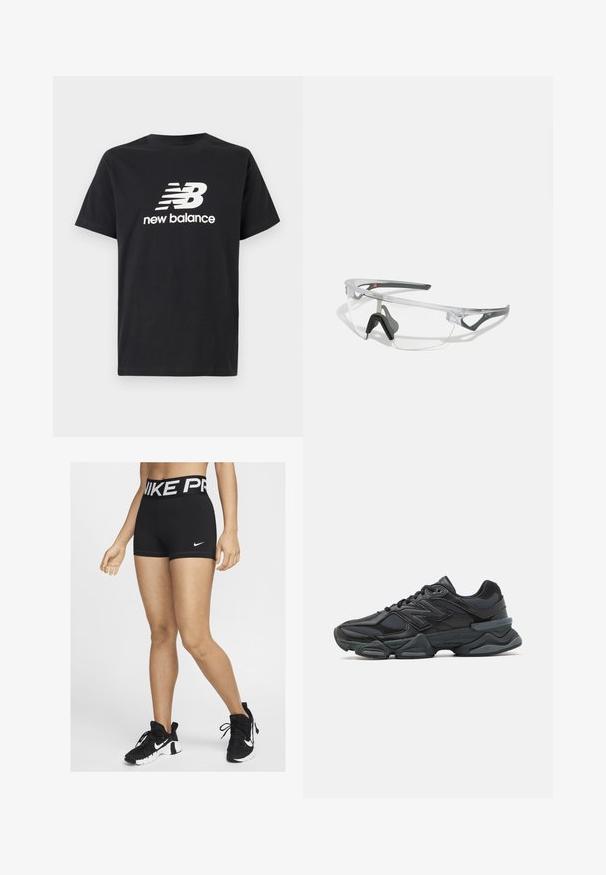 Camiseta de algodón negra con un logo blanco de New Balance y un diseño gráfico en la parte frontal. Mangas cortas y cuello redondo.; Pantalones cortos deportivos negros con una cinturilla ancha que presenta "NIKE PRO" en letras blancas. Un pequeño logo de swoosh de Nike en blanco es visible en el costado.; Zapatilla de running negra que presenta una combinación de malla y materiales sintéticos, suela gruesa, diseño curvado y una marca prominente en el costado.; Gafas de seguridad transparentes con un marco ligero y acentos grises. Presentan un diseño envolvente y una almohadilla nasal ajustable.