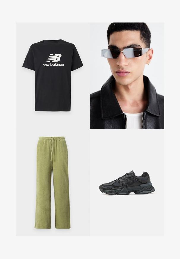 Crni pamučni T-shirt s bijelim New Balance logom i grafičkim dizajnom na prednjoj strani. Kratki rukavi i okrugli izrez.; Zelene kordura hlače širokog kroja, s elastičnim pojasom i detaljem s vezicom. Verticalne rebra u tkanini stvaraju teksturu.; Crne trkačke tenisice izrađene od kombinacije mrežastih i sintetičkih materijala, s debelim potplatom, zakrivljenim dizajnom i istaknutim brendom sa strane.; Angular sunčane naočale sivo-smeškanih tonova sa srebrnim detaljima, postavljene na svijetloj pozadini. Stakla imaju jedinstven geometrijski oblik.