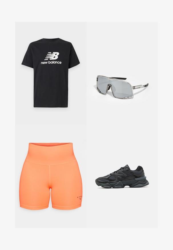 Black cotton T-shirt featuring a white New Balance logo and graphic design on the front. Short sleeves and a crew neck.; High-waisted athletic shorts in bright orange, made from smooth, stretchy fabric. Features contrasting stitching and a logo on the left leg.; Black running shoe featuring a mix of mesh and synthetic materials, chunky sole, curved design, and prominent branding on the side.; Sunglasses with a transparent frame, gray lenses, rectangular shape, rubber-accented temples, and adjustable nose pads.
