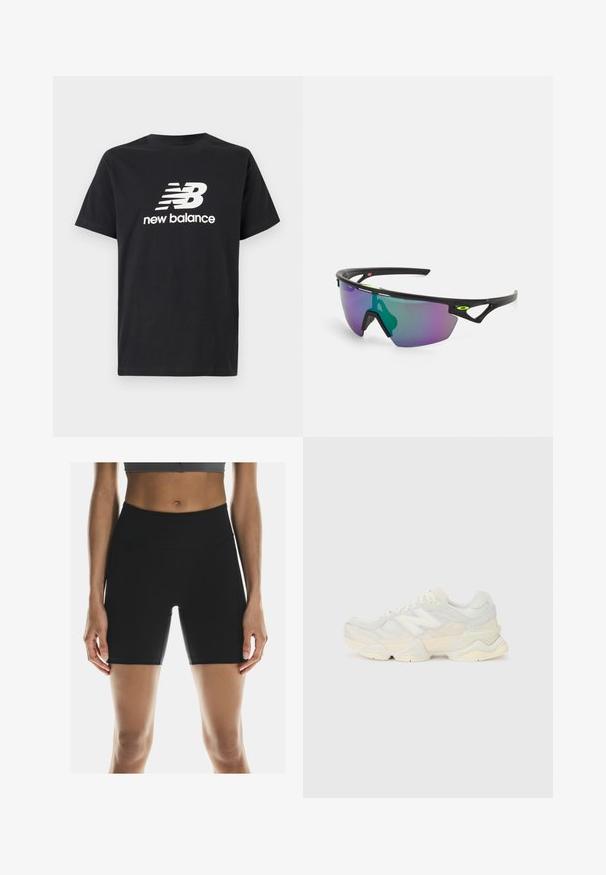 Black cotton T-shirt featuring a white New Balance logo and graphic design on the front. Short sleeves and a crew neck.; On PERFORMANCE - Running tights - black; Lightweight sneaker featuring a mesh and suede upper in soft cream tones, with a chunky sole and three-dimensional accents.; Sport sunglasses with a black frame, large gradient lens featuring purple and green hues, and angular design accents with logo detail.