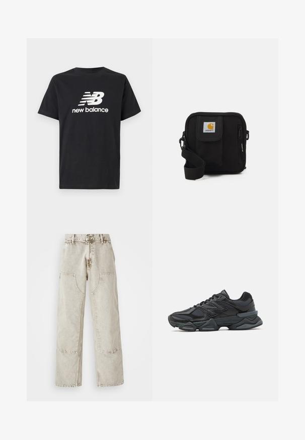 Czarna bawełniana koszulka z krótkim rękawem z białym logo New Balance i wzorem graficznym z przodu. Okrągły dekolt.; Jasno beżowe dżinsy o szerokich nogawkach, wykonane z denimu, z dużymi kieszeniami naszytymi, kontrastowym przeszyciem i lekko wyblakłą teksturą.; Czarne buty biegowe z mieszanką siateczki i materiałów syntetycznych, masywną podeszwą, opływowym kształtem oraz wyraźnym brandingiem z boku.; Czarna torba na ramię z zamykaną na zamek główną komorą, przednią kieszenią, regulowanym paskiem oraz widoczną łatką z logo na klapie.