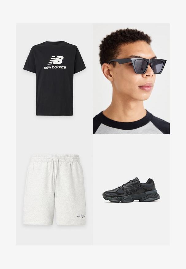 Mustvalge t-särk, millel on ees valge New Balance'i logo ja graafiline disain. Lühikesed varrukad ja ümar kaelus.; Heledad hallid spordishortsid, mis on valmistatud puuvillasegust. Elastne vöökoht koos nööriga. Sinise „New Balance“ logo on väikese suurusega.; Mustad mustus jooksukeng, mis sisaldab segu võrgust ja sünteetilisest materjalist, jäme talla, kaarduv disain ja silmapaistev bränding külgedel.; Mustad nurgelised prillid tumedate läätsedega, millel on julge geomeetriline disain ja mati viimistlusega. Kandmas inimene lühikeste juustega.