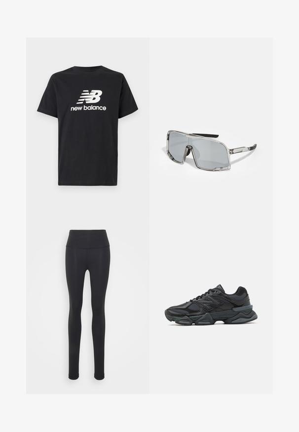 Črna bombažna majica s kratkimi rokavi, ki na sprednji strani prikazuje belo ikono New Balance in grafični dizajn. Ima okroglo izrezo.; Črne legice iz razteznega materiala z visokim pasom, z glatko teksturo in oprijetim dizajnom. Brez vzorcev ali opreme, ki bi bila vidna.; Črne tekaške superge, ki združujejo mrežaste in sintetične materiale, imajo debel podplat, ukrivljen oblikovni slog ter izrazito blagovno znamko na strani.; Sončna očala s prozornim okvirjem, sivo lečo, pravokotno obliko, temples z gumo in nastavljivimi nosnimi blazinicami.