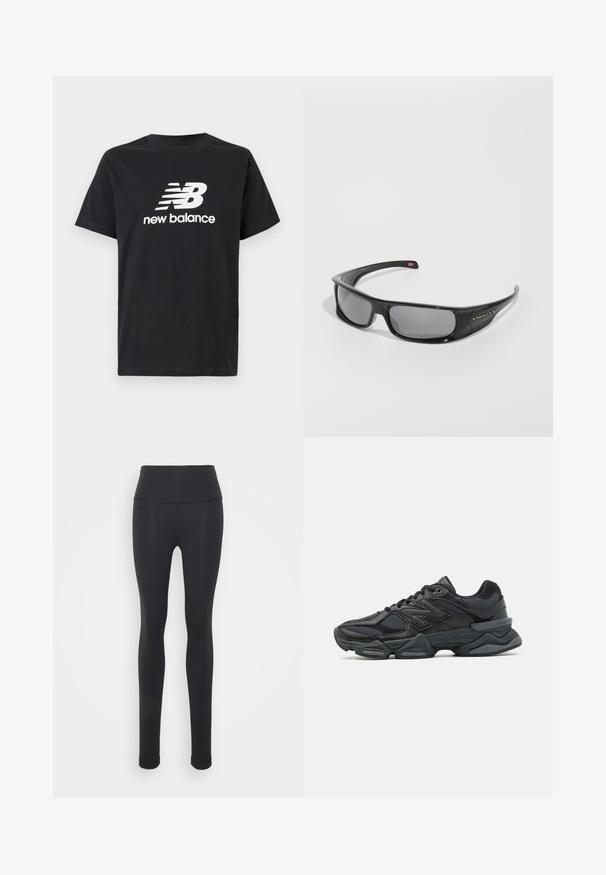 Melnas kokvilnas T-krekls ar balto New Balance logotipu un grafisko dizainu uz priekšpuses. Īsas piedurknes un apaļa kakla izgriezuma forma.; Melnas leggingas, izgatavotas no elastīga materiāla ar augstu jostasvietu, ar gludu tekstūru un pieguļošu dizainu. Nav redzami raksti vai detaļas.; Melna skriešanas apavi ar jauktu acu audumu un sintētiskiem materiāliem, masīvu zoli, izliekta dizaina elementiem un izteiktu zīmola logotipu uz sāniem.; Melnas Oakley brilles ar tumšiem taisnstūra stikliem un izliektiem ieročiem uz vienkārša balta fona.