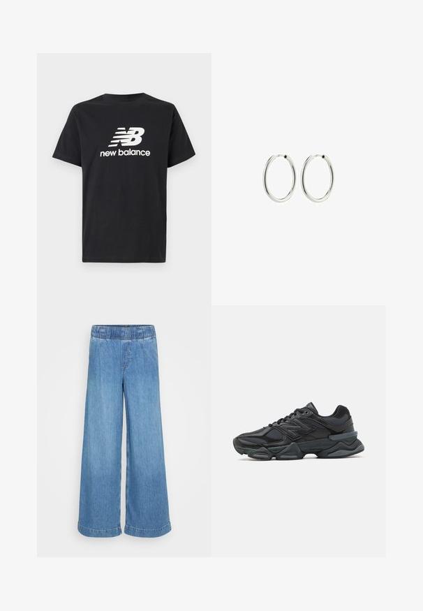 Čierne bavlnené tričko s krátkymi rukávmi a okrúhlym výstrihom, na prednej strane s bielym logom New Balance a grafickým dizajnom.; Svetlomodré, široké džínsy vyrobené z denimu s elastickým pásom a bez viditeľných vreciek. Majú čistý vzhľad s vykrojenými lemami.; Čierna bežecká obuv so zmesou sieťoviny a syntetických materiálov, robustnou podrážkou, zakriveným dizajnom a výrazným logom na boku.; Strieborné náušnice v tvare kruhu, s hladkým a lesklým povrchom; kruhový dizajn s bezpečným uzáverom; stredná veľkosť, približne 4 cm v priemere.