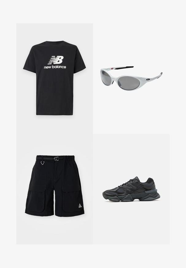 Juodas medvilnės marškinėliai su baltu New Balance logotipu ir grafiniu dizainu priekyje. Trumpi rankoviai ir apvalus kaklas.; Juodosios kargo šortai su elastine juosmeniu, integruota diržu, didelėmis šoninėmis kišenėmis ir trikampiu ACG logotipu dešiniajame šone.; Juodas bėgimo batelis, pagamintas iš tinklinės ir sintetinės medžiagos, turintis stambų pado dizainą, kreivą formą ir ryškią prekės ženklą šone.; Baltos plastikinės saulės akiniai su dideliais ovaliais objektyvais, pilkai nudažyti. Turime juodas ausis laikančias dalis ir mažą logotipą ant rėmelio. Lygus paviršius.