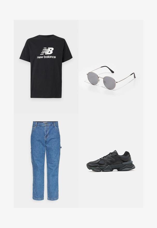 Mustvalge t-särk, millel on ees valge New Balance'i logo ja graafiline disain. Lühikesed varrukad ja ümar kaelus.; Sinised denimpüksid, millel on sirge jalgade disain, nup closure ja küljetaskud. Kangas on klassikalise tekstuuri kudumiga.; Mustad mustus jooksukeng, mis sisaldab segu võrgust ja sünteetilisest materjalist, jäme talla, kaarduv disain ja silmapaistev bränding külgedel.; Ümarad prillid tumeda halli objektiiviga, õhuke hõbedane metallraam ja mustad kummitipudega sangad. Lihtne disain ilma mustrite ja aktsentideta.