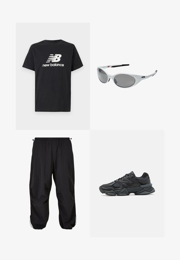 Črna bombažna majica s kratkimi rokavi, ki na sprednji strani prikazuje belo ikono New Balance in grafični dizajn. Ima okroglo izrezo.; Črne, ohlape hlače iz lahkega materiala; imajo elastični pas in nastavljive vrvice na robu.; Črne tekaške superge, ki združujejo mrežaste in sintetične materiale, imajo debel podplat, ukrivljen oblikovni slog ter izrazito blagovno znamko na strani.; Bele sončne očala iz bele plastike z velikimi ovalnimi lečami, v sivem odtenku. Imajo črne ušesne nastavke in majhen logo na okvirju. Gladek zaključek.