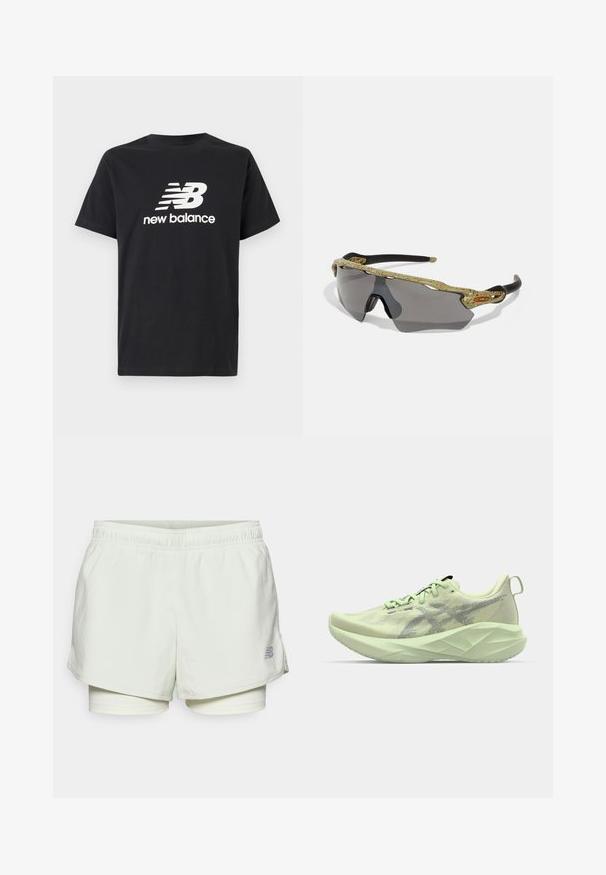 Tricou din bumbac negru cu un logo alb New Balance și un design grafic pe față. Mâneci scurte și guler rotund.; New Balance ESSENTIALS SHORT - Pantaloni scurți 2 în 1 - natural mint; Pantofă sport verde deschis, cu un superior din plasă, accente texturate și o talpă groasă, unghiulară pentru o amortizare și suport îmbunătățite.; Ochelari de soare sport cu un cadru cu un model verde, brațe negre și lentile gri. Designul prezintă un stil înfășurător cu o formă îndrăzneață și sportivă.