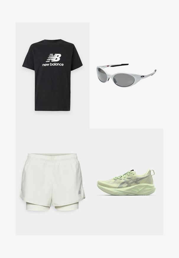 Svart bomull T-shirt med en vit New Balance-logotyp och grafisk design på framsidan. Korta ärmar och rundad hals.; New Balance ESSENTIALS SHORT - Dubbla shorts - natural mint; Ljust gröna sportskor med en ovandel i mesh, texturerade detaljer och en tjock, vinklad sula för förbättrad dämpning och stöd.; Vita plastsolglasögon med stora ovala linser, gråtonade. Har svarta örongrepp och en liten logotyp på ramen. Slät yta.