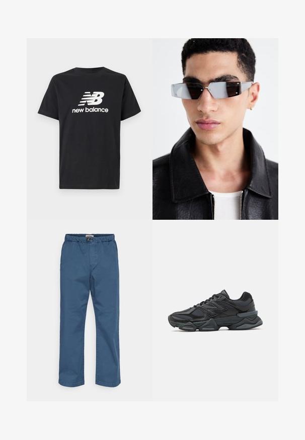 Svart bomulls T-skjorte med hvit New Balance-logo og grafisk design på forsiden. Korte ermer og rund hals.; Chinobukser i mørkeblå bomull. Har elastisk midjebånd, rette ben og en jevn tekstur. Ingen synlige mønstre eller dekorasjoner.; Svart løpesko med en blanding av mesh og syntetiske materialer, chunky såle, buet design og fremtredende merkevare på siden.; Vinklet gråtonede solbriller med sølvhardware, satt mot en lys bakgrunn. Linsene har en unik geometrisk form.