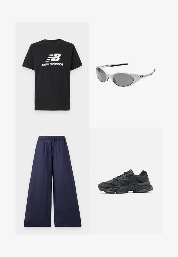 T-shirt en coton noir avec un logo New Balance et un design graphique blancs sur le devant. Manches courtes et col rond.; Pantalons larges bleu marine avec une taille élastique, un détail à cordon de serrage et un tissu doux et léger. Design simple et fluide sans embellissements.; Chaussure de course noire mettant en avant un mélange de mesh et de matériaux synthétiques, avec une semelle épaisse, un design arrondi et un logo bien visible sur le côté.; Lunettes de soleil en plastique blanc avec de grandes lentilles ovales, teintées en gris. Caractéristiques de plaquettes noires et d'un petit logo sur la monture. Fini lisse.