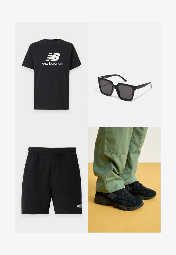 Black cotton T-shirt featuring a white New Balance logo and graphic design on the front. Short sleeves and a crew neck.; Black cotton shorts with an elastic waistband, two side pockets, and a small white logo detail on the lower right. Smooth texture.; Black New Balance sneakers with a textured upper, featuring a prominent logo and cushioned sole, paired with loose green pants.; Black square-frame sunglasses with dark tinted lenses and smooth, glossy plastic material. Arms feature a simple, elongated design.