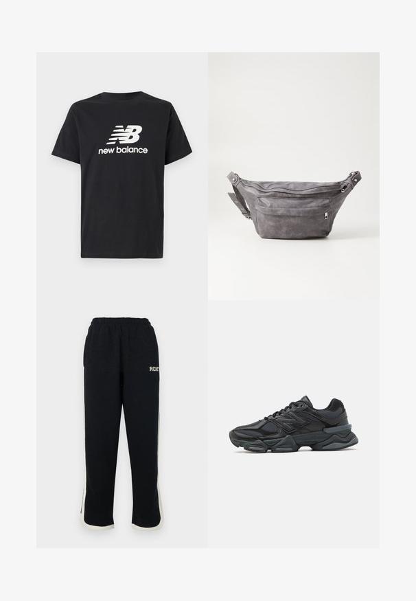 Fekete pamut póló, fehér New Balance logóval és grafikai dizájnnal az elején. Rövid ujjú és kerek nyakú.; Fekete melegítőnadrág, elasztikus derékkal, fehér oldalsávokkal és egy kis logóval az elején. Puha, textúrált anyagból készült.; Fekete futócipő, mely háló és szintetikus anyagok keverékéből készült, vastag talppal, ívelt kialakítással és hangsúlyos logóval az oldalon.; Szürke velúr övtáska kerek formával, két cipzáras rekesszel és állítható pánttal. Fém dekorációval rendelkezik.