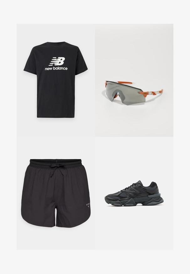 Svart bomull T-shirt med en vit New Balance-logotyp och grafisk design på framsidan. Korta ärmar och rundad hals.; Svarta badshorts med elastisk midja, justerbar snörning och en vit logotyp på vänster sida. Slätt tyg, längd ovanför knäna.; Svart löparsko med en kombination av mesh och syntetiska material, kraftig sula, rundad design och framträdande varumärkning på sidan.; Sportiga solglasögon med gråa linser, orange detaljer och mönstrade vita bågar. Designade för prestanda med en omslutande form.