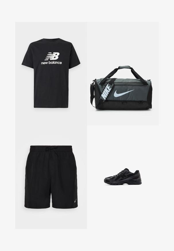 Fekete pamut póló, fehér New Balance logóval és grafikai dizájnnal az elején. Rövid ujjú és kerek nyakú.; Fekete sport rövidnadrág, könnyű anyagból készült, rugalmas derékkal, húzózsinórral, és a jobb alsó sarokban egy kis fehér Nike logóval.; Fekete sportcipő hálós felsőrésszel és szintetikus áthúzásokkal, texturált talppal és fényvisszaverő részletekkel a láthatóság érdekében.; Nike sporttáska sötétszürke és fekete dizájnnal, nagy fehér logóval, két fogantyúval és állítható vállpánttal.