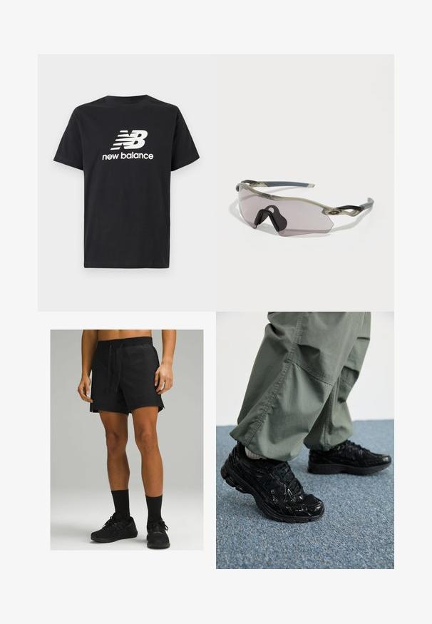 Crni pamučni T-shirt s bijelim New Balance logom i grafičkim dizajnom na prednjoj strani. Kratki rukavi i okrugli izrez.; Crne sportske kratke hlače s elastičnim pojasom i vezicom, s bočnim prorezima i glatkom teksturom, u kombinaciji s crnim čarapama i cipelama.; Crni atletski tenisice s sjajnim i mrežastim teksturama, s debelim đonom i vezicama, u kombinaciji s opuštenim cargo hlačama u maslinastoj boji.; Naočale za sunce s prozirnim sivim okvirom, obojenim lećama i kutnim dizajnom. Imaju izraženu nosnicu i teksturirane tamnosive temple.