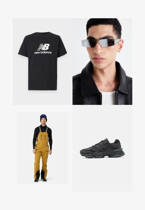 Musta puuvillainen T-paita, jossa on valkoinen New Balance -logo ja graafinen design edessä. Lyhyet hihat ja pyöreä kaula-aukko.; Keltaiset hiihtotekstiilit mustilla yksityiskohdilla ja vetoketjuilla. Varustettu säädettävillä olkaimilla ja sileällä pinnalla. Puettu mustan pitkähihasen paidan päälle.; Musta juoksukenkä, jossa on yhdistelmä verkko- ja synteettisiä materiaaleja, paksu pohja, kaareva muotoilu ja näkyvä brändäys sivussa.; Kuluneet harmaan sävyiset aurinkolasit, joissa on hopeiset yksityiskohdat, vaaleaa taustaa vasten. Linssit ovat ainutlaatuisen geometrisen muotoiset.