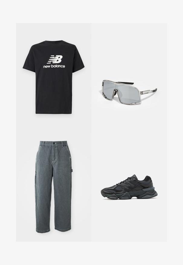 Black cotton T-shirt featuring a white New Balance logo and graphic design on the front. Short sleeves and a crew neck.; Dark gray straight-leg work pants with belt loops, front button and zipper, side pockets, and a hammer loop on the right leg.; Black running shoe featuring a mix of mesh and synthetic materials, chunky sole, curved design, and prominent branding on the side.; Sunglasses with a transparent frame, gray lenses, rectangular shape, rubber-accented temples, and adjustable nose pads.