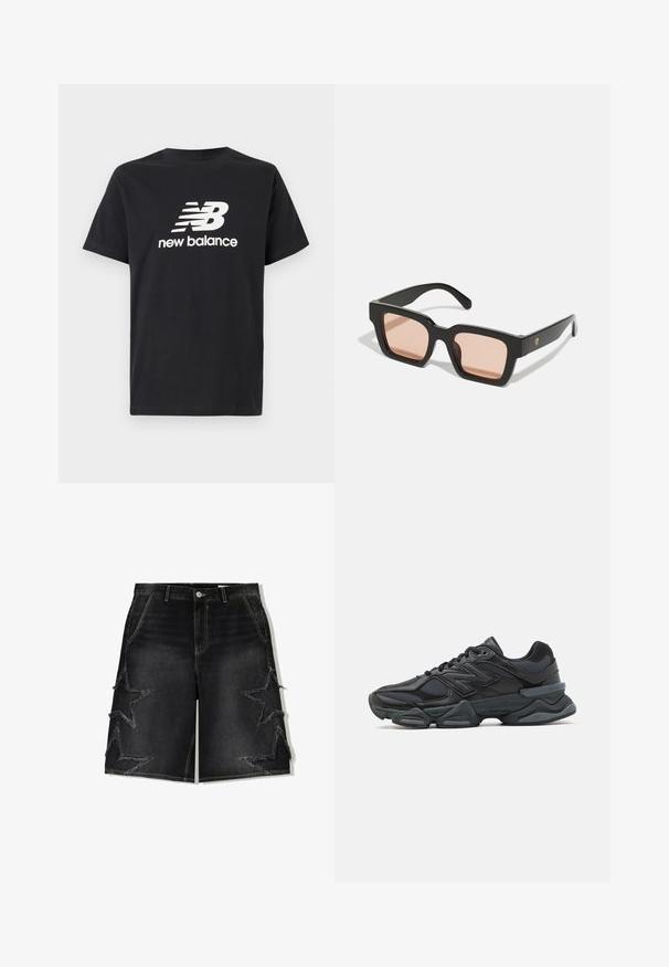 Czarna bawełniana koszulka z krótkim rękawem z białym logo New Balance i wzorem graficznym z przodu. Okrągły dekolt.; Czarne szorty dżinsowe o luźnym kroju, z postrzępionymi wzorami gwiazdek po bokach i kontrastującymi żółtymi przeszyciami.; Czarne buty biegowe z mieszanką siateczki i materiałów syntetycznych, masywną podeszwą, opływowym kształtem oraz wyraźnym brandingiem z boku.; Czarne plastikowe okulary przeciwsłoneczne o prostokątnych oprawkach i jasnoróżowych soczewkach. Posiadają logo na boku.