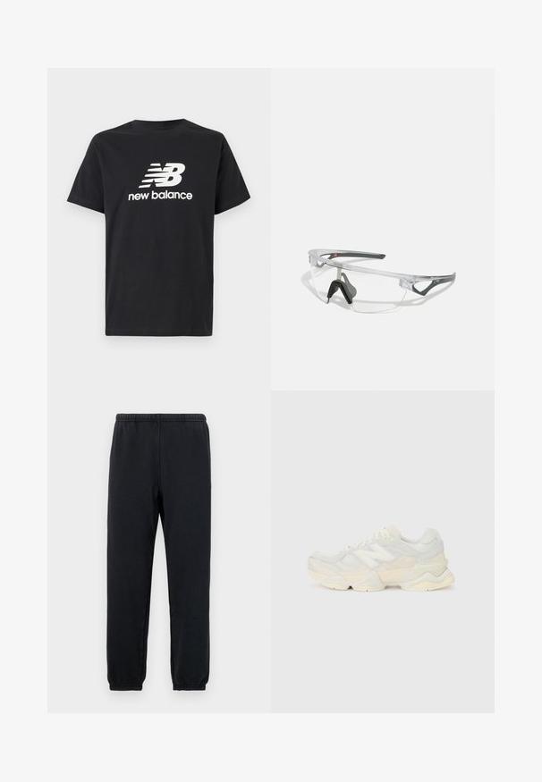 Schwarzes Baumwoll-T-Shirt mit einem weißen New Balance-Logo und Grafikdesign auf der Vorderseite. Kurze Ärmel und Rundhalsausschnitt.; Schwarze Jogginghosen mit elastischem Bund und schmal zulaufenden Knöcheln; aus weichem, dehnbarem Stoff gefertigt, mit einem minimalistischen Design ohne Muster.; Leichte Sneaker mit einem Obermaterial aus Mesh und Wildleder in sanften Cremetönen, einer dicken Sohle und dreidimensionalen Akzenten.; Klare Schutzbrille mit einem leichten, transparenten Rahmen und grauen Akzenten. Verfügt über ein umschließendes Design und ein verstellbares Nasenstück.