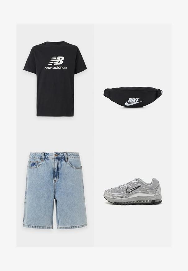 Zwarte katoenen T-shirt met een wit New Balance-logo en grafisch ontwerp op de voorkant. Korte mouwen en een ronde hals.; Lichtblauwe denim shorts met een losse pasvorm, voorzien van een knoopsluiting, voorzakken en subtiele vervaging. Eenvoudig ontwerp, zonder zichtbare patronen.; Grijze Nike Air Max sneakers met een bovenwerk van gaas en synthetisch materiaal, golfachtig ontwerp, zwarte accenten en een zichtbare luchtkussening.; Zwarte nylon heuptas met een ritsluiting, voorzien van een groot wit Nike-logo. Soepele textuur en ergonomisch ontwerp voor comfortabel dragen.