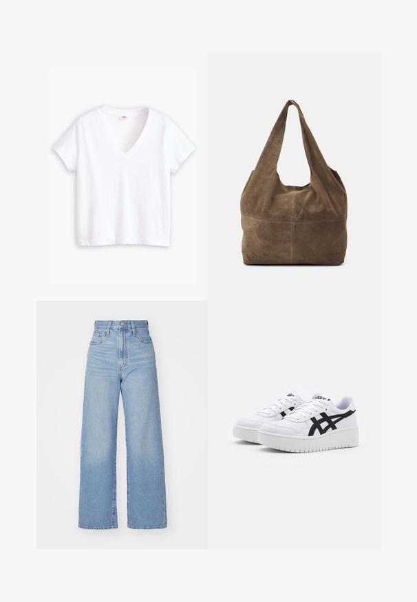 Fehér pamut póló, V-kivágással, rövid ujjakkal és egyenes alsó szegéllyel. Puha tapintás, minimalista dizájn, minta vagy díszítés nélkül.; Világoskék, magas derekú, bő szárú farmernadrág, elülső gombbal és cipzárral, elülső és hátsó zsebekkel, fehér háttérrel.; Fehér sportcipők textúrázott felülettel, fekete oldalsávokkal és vastag fehér talppal. Fűzős dizájn és logó a nyelvén.; Barna velúr hobo táska egyetlen vállpánttal, puha textúrával és kerek formával. A középen végigfutó varrás további részletességet ad neki.