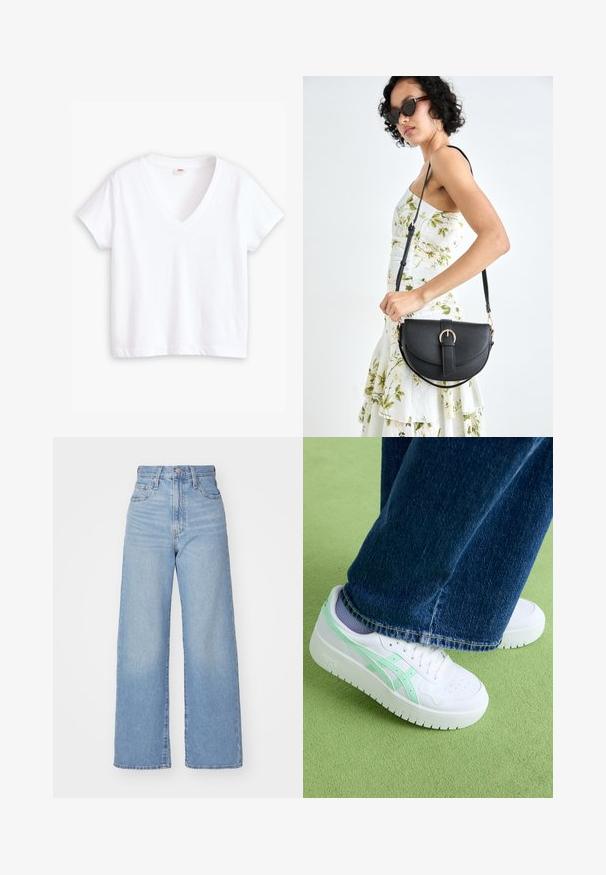 White cotton t-shirt with a v-neck, short sleeves, and a straight hemline. Soft texture, minimal design, no patterns or accents.; Light blue high-waist wide-leg jeans with front button and zip closure, front and back pockets, on a white background.; White sneakers with mint green accents, smooth leather upper, perforated toe, thick sole, worn with blue denim jeans, on green surface.; Black leather handbag with a curved shape, detachable strap, and gold hardware. The bag features a flap with a buckle detail.