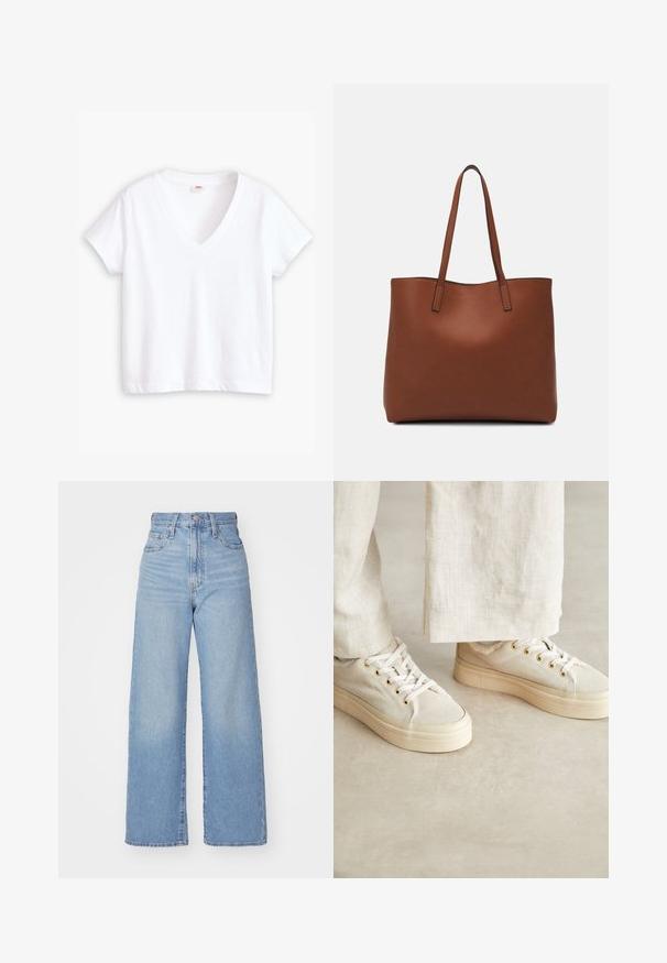 Weißes Baumwoll-T-Shirt mit V-Ausschnitt, kurzen Ärmeln und gerader Saumlinie. Weiche Textur, minimalistisches Design, keine Muster oder Akzente.; Hellblaue High-Waist-Weite-Leg-Jeans mit Knopf- und Reißverschluss vorne, Vorder- und Rückentaschen, auf weißem Hintergrund.; Helle beigefarbene Leinenschuhe mit einer dicken cremefarbenen Sohle, versehen mit goldfarbenen Ösen und weißen Schnürsenkeln, auf einem neutralen Hintergrund platziert.; Braune Leder-Tote mit glatter Textur, offenem Oberteil und zwei Schulterriemen. Verfügt über minimale Nähte und keine sichtbaren Beschläge.