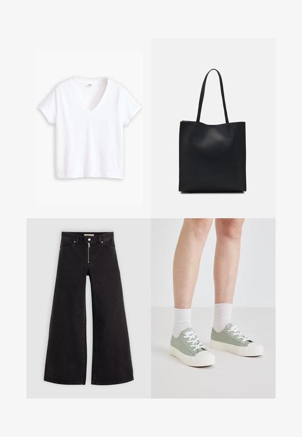 Hvit bomulls t-skjorte med v-hals, korte ermer og rett søm. Myk tekstur, minimalistisk design, ingen mønstre eller detaljer.; Vide benbukser i sort denim med glidelås i front, fem-lomme design og subtile sømdetaljer. Glatt tekstur og avslappet stil.; Lys grønne lerret sneakers med hvite gummisåler og snørebånd. Har en rund tå og teksturert hvit såle. Følger med hvite sokker.; Svart lær tote bag med glatt tekstur, rektangulær form og to lange håndtak. Ingen synlige deler eller dekorasjoner.
