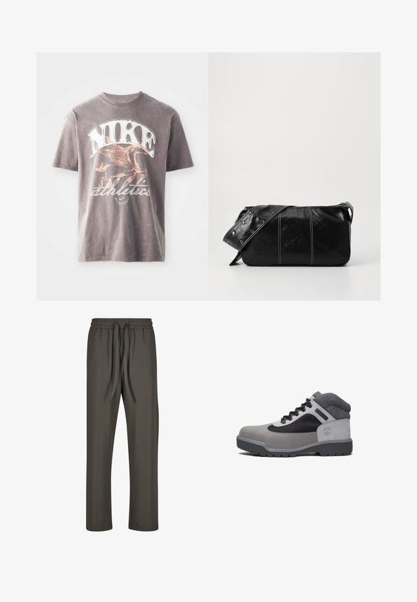 Camiseta gris de algodón con un logo blanco de "Nike" y un gráfico naranja de un caballo alado con "athletics" debajo, diseño de cuello redondo.; Pantalones oscuros de color gris, ligeros, con cordón de ajuste y cintura elástica, de corte recto y textura suave. Idóneos para un look casual o para estar en casa.; Bota de senderismo impermeable en gris y negro con cuello acolchado en el tobillo, cordones negros y suela resistente con tacos, vista lateral sobre fondo blanco.; Bolso de hombro de cuero negro con cierre de cremallera, que presenta un cuerpo texturizado, costuras blancas y una correa con ojales plateados.
