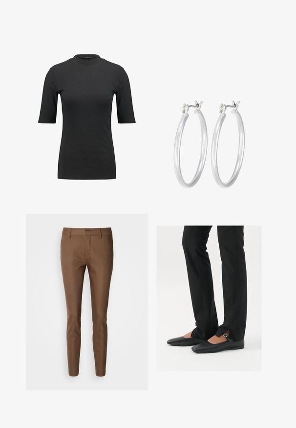 Čierne rebrované tričko s vysokým výstrihom a krátkymi rukávmi. Hladký, priliehavý strih bez akýchkoľvek vzorov alebo viditeľných kovových detailov.; Mos Mosh NIGHT - Nohavice - rain drum; Čierne kožené baletky s špicatou špičkou, remienkom so striebornou prackou, skombinované s čiernymi strihovými nohavicami so rozparkom na leme.; Strieborné kruhové náušnice s hladkým, lesklým povrchom. Kolový tvar a bezpečné klikanie na uzatváranie. Ľahký dizajn vhodný na každodenné nosenie.