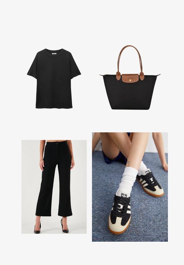 Schwarzes T-Shirt aus Baumwolle, mit rundem Halsausschnitt, kurzen Ärmeln und einem lockeren Schnitt sowie einer glatten Textur.; Schwarze weit geschnittene Hose mit hoher Taille, vorderem Knopfverschluss und gesteppten Details. Hergestellt aus einem glatten, strukturierten Stoff.; Schwarz-weiße Sportschuhe mit einem Obermaterial aus Wildleder und Leder, ausgestattet mit drei weißen Streifen und einer Gummisohle. Paar mit weißen Socken getragen.; Schwarze Nylon-Tote-Tasche mit braunen Lederakzenten und -griffen. Verfügt über einen Druckverschluss und eine Fronttasche mit einem Logo-Detail.