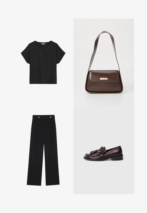 Camiseta negra de manga corta hecha de algodón suave con cuello redondo. Presenta un pequeño bolsillo en el pecho izquierdo y un corte relajado y holgado.; Pantalones de pierna ancha negros con cintura alta, detalles de botones en la cinturilla y pliegues en la parte delantera.; Mocasines de cuero burdeos con un acento flecado, punta redondeada y un tacón bajo negro sólido. Costura detallada a lo largo de la suela.; Bolso de hombro de cuero marrón con una forma estructurada, que presenta un cierre de solapa magnético y un acento de logo metálico en la parte frontal.