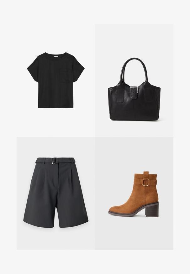 T-shirt noir à manches courtes en coton doux avec un col rond. Il dispose d'une petite poche sur la poitrine gauche et d'une coupe décontractée et ample.; Shorts gris foncé en tissu lisse, dotés d'un devant plissé, d'une taille marquée avec une boucle métallique, et de poches latérales.; Bottine en daim marron avec un bout arrondi, un talon carré et une sangle décorative avec un détail de boucle circulaire.; Sac fourre-tout en cuir noir avec une texture lisse, une forme structurée, deux poignées et un détail en boucle argentée proéminent à l'avant.