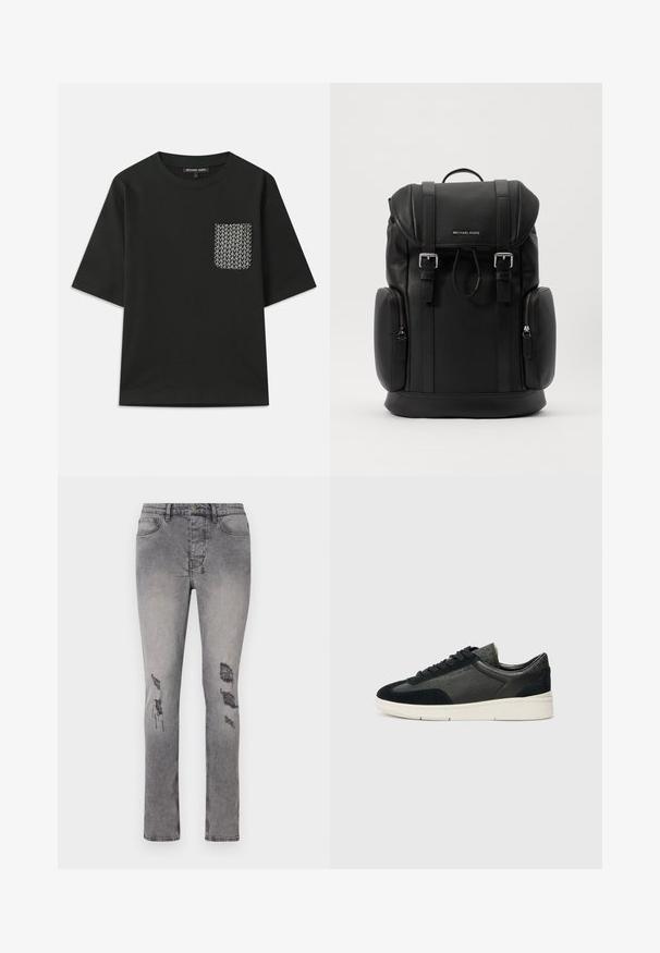 Svart bomullströja med rund nacke och korta ärmar. Har en mönstrad ficka på vänster sida med vita geometriska mönster.; Grå denimjeans med slim fit och lätt stretch. Har slitna lappar på knäna och en klassisk femficksdesign.; Låga sneakers med en mix av svart mocka och texturerat läder, en vit gummisula och svarta snören. Diskret logotyp på sidan.; Svart läderryggsäck med texturerad yta, klaffstängning, metalldetaljer, sidofy ZIP-fickor och varumärkeslogotyp på framsidan.