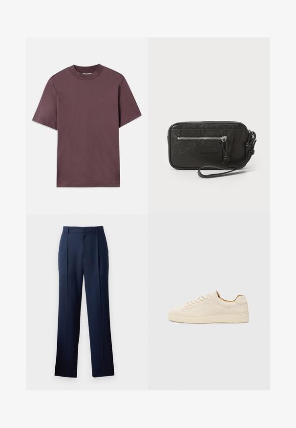 Kurzeärmliges T-Shirt mit Rundhalsausschnitt in dunklem Mauve, aus weicher Baumwolle. Minimalistisches Branding in passender Farbe auf der Vorderseite.; Dunkelblaue Hosen aus glattem Stoff mit geradem Bein, die eine subtile Textur und zwei vordere Falten aufweisen. Keine sichtbaren Taschen.; Beige Wildledersneaker mit einem Low-Top-Design, runder Zehenform, flachen Schnürsenkeln und einer strukturierten Gummisohle. Minimalistischer Stil ohne sichtbare Logos.; Schwarze Leder-Clutch mit strukturiertem Oberflächen, Vorderseite mit Reißverschlusstasche und abnehmbarem Handgelenkriemen. Fällt durch ein Logo-Patch auf der Vorderseite auf. Rechteckige Form.