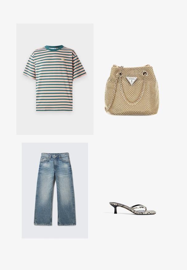 Gestreiftes T-Shirt mit horizontalen Streifen in Grün, Orange und Weiß. Rundhalsausschnitt und kurze Ärmel, mit einem kleinen Logo auf der Brust.; Hellblaue Schlagjeans aus Denim, mit hoher Taille, fünf Taschen und einem faded Waschungseffekt sowie subtilen Whiskereffekten.; Schwarze und weiße Schlangenleder-Optik Mules mit offenen Zehen, zwei schlanken Riemen und einem niedrigen, rechteckigen Absatz. Glatte Textur mit glänzenden Akzenten.; Die goldene Handtasche verfügt über einen strukturierten Stoff mit runden, metallischen Nieten, einem dreieckigen Logoschild und einem Kettenriemen mit runden Metallösen.