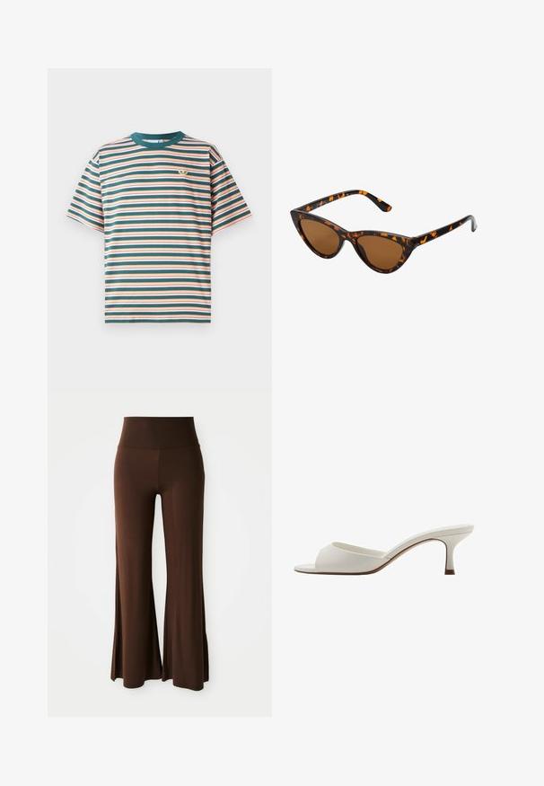 Gestreiftes T-Shirt mit horizontalen Streifen in Grün, Orange und Weiß. Rundhalsausschnitt und kurze Ärmel, mit einem kleinen Logo auf der Brust.; Hoch taillierte, weit geschnittene braune Hose mit glatter Textur, entworfen für einen lockeren Sitz und angenehmen Tragekomfort.; Weiße, offene High-Heel-Mules mit glatter Oberfläche, minimalistischer Gestaltung und schlankem Absatz, ausgestattet mit einem subtilen braunen Akzent auf der Sohle.; Katzenaugen-Sonnenbrille mit einem schwarz-orangenen Schildpattrahmen, braunen Gläsern und schlanken, spitzen Enden. Verfügt über ein minimalistisches Logo am Bügel.; Braune Lederhandtasche mit doppelten Griffen, goldenen Hardware-Akzenten und strukturiertem Design. Verfügt über eine zentrale Klappe mit einem Schlaufen-Detail.