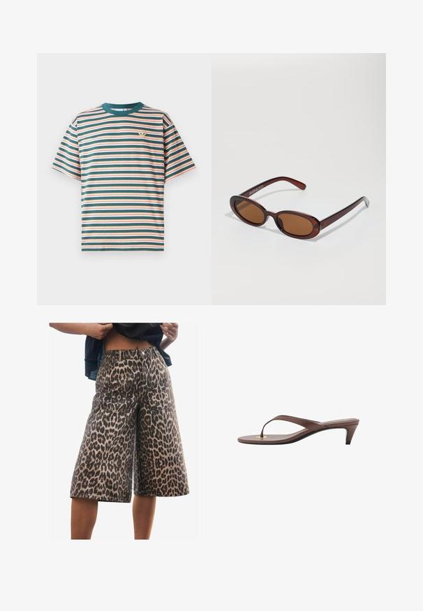 Striped t-shirt featuring horizontal bands of green, orange, and white. Crew neckline and short sleeves, with a small logo on the chest.; Next JORT - Denim shorts - leopard print; Brown heeled flip-flop sandal with a slender strap and rounded toe post, featuring a small gold accent on the footbed.; Round, brown-tinted sunglasses with a glossy burgundy frame. Slim arms with subtle branding detail. Flat lens design.; Brown leather hobo bag with a slouchy design and smooth texture. Worn casually by a model, featuring a large opening and rounded shape.