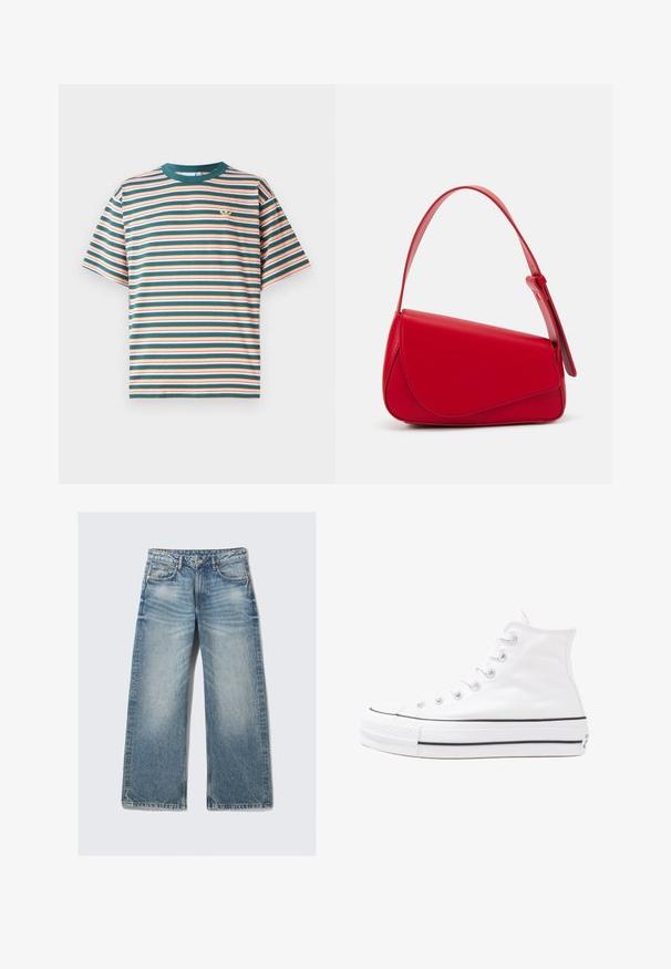 Τυπωμένο μπλουζάκι με ρίγες σε οριζόντιες ζώνες πράσινου, πορτοκαλί και λευκού χρώματος. Στρογγυλή λαιμόκοψη και κοντά μανίκια, με ένα μικρό λογότυπο στο στήθος.; Ανοιχτό μπλε τζιν παντελόνι σε φαρδύ κόψιμο, φτιαγμένο από τζιν ύφασμα, με ψηλή μέση, πέντε τσέπες και ξεθωριασμένο φινίρισμα με διακριτικό εφέ ψαλίσματος.; Λευκό ψηλό καμβαδάκι αθλητικό παπούτσι με μαύρη καουτσούκ σόλα, πρόσθιο καουτσούκ καλύμματος δακτύλου και έξι οπές για κορδόνια, με μια καθαρή και μίνιμαλ σχεδίαση.; Κόκκινη δερμάτινη τσάντα χειρός με γωνιακό, γεωμετρικό σχέδιο. Διαθέτει έναν ρυθμιζόμενο ιμάντα και κλείσιμο με καπάκι που έχει ραφές.